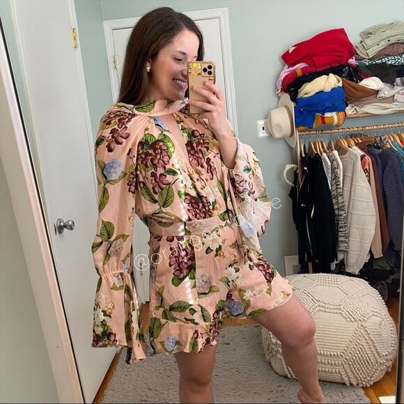 NICHOLAS Peach Pink Floral Print Silk Flare Sleeve Romper Long Sleeve 6 Small - Picture 15 of 16